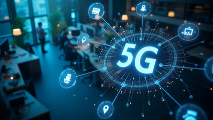 Obraz premium Photo Realistic Overhead View of a Modern Workspace with 5G Technology and Network Overlay, Symbolizing Business Innovation - Double Exposure with Copy Space