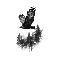 Eagle Ascending Over Forest Canopy Black and White Artistic Composition Majestic Wildlife Illustration