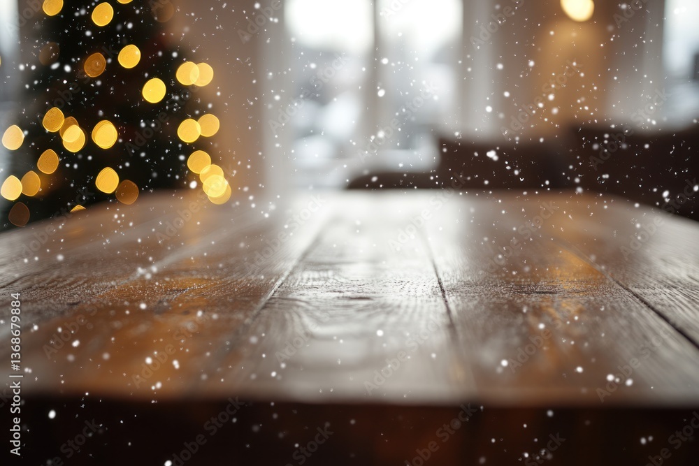 Poster a close-up of an empty wooden table top with a smooth, rustic finish, surrounded by soft bokeh light