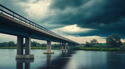 Fototapeta premium Highway bridge over a tranquil river under a dramatic sky