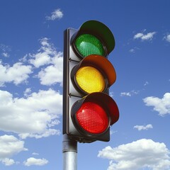A traffic light displaying green, yellow, and red signals against a backdrop of blue skies and fluffy white clouds.