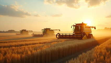 Naklejka premium Top view of a field with robotic harvesters overlay symbolizing robotic harvesting in double exposure with copy space. concept as A top view of a field blended with robotic harvesters representing rob