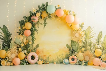 Creamy pastel watercolor with balloon garland and cardboard decor