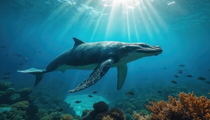 Fototapeta premium Whale swims underwater. Marine life in blue ocean. Sunlight breaks through water. Tropical coral reef ecosystem with fish. Underwater ocean scene with whale.