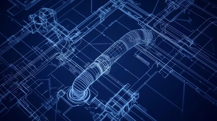 Fototapeta premium Detailed engineering piping blueprints presented in soothing blue tones.
