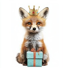 Obraz premium Fox Cub Presents Golden Crown Gift Revealing Royalty and Joy in Animal Kingdom Portraiture Art