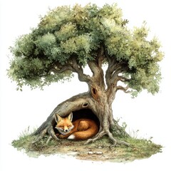 Fox Resting Peacefully in Hollow Tree Trunk Amongst Verdant Foliage An Illustration of Wildlife Habitat