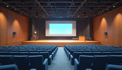 Naklejka premium Empty auditorium with rows seats face stage with projection screen. Stage has wooden podium some chairs. Presentation lecture hall, theatre, conference classroom meeting event.