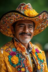 Obraz premium Vibrant embroidered hat, joyful man, colorful attire.