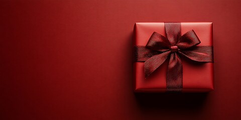 A perfectly wrapped present with a dark red bow on a surface