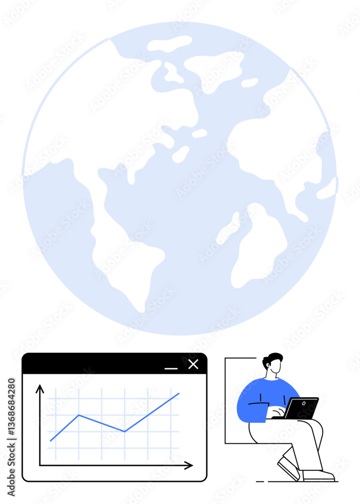 Poster world map above analytics graph with rising trend line person working on laptop. ideal for global bu