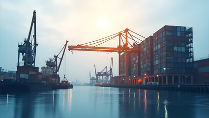 Fototapeta premium Double Exposure: Silhouette of a Warehouse Dock with Space Planning Chart for Efficient Warehouse Design - Perfect Photo Stock Concept with Ample Copy Space