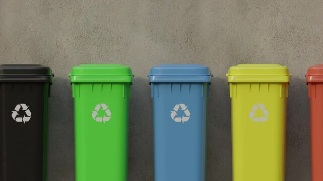 Colorful recycling bins stand against a concrete wall, symbolizing waste sorting and environmental responsibility.