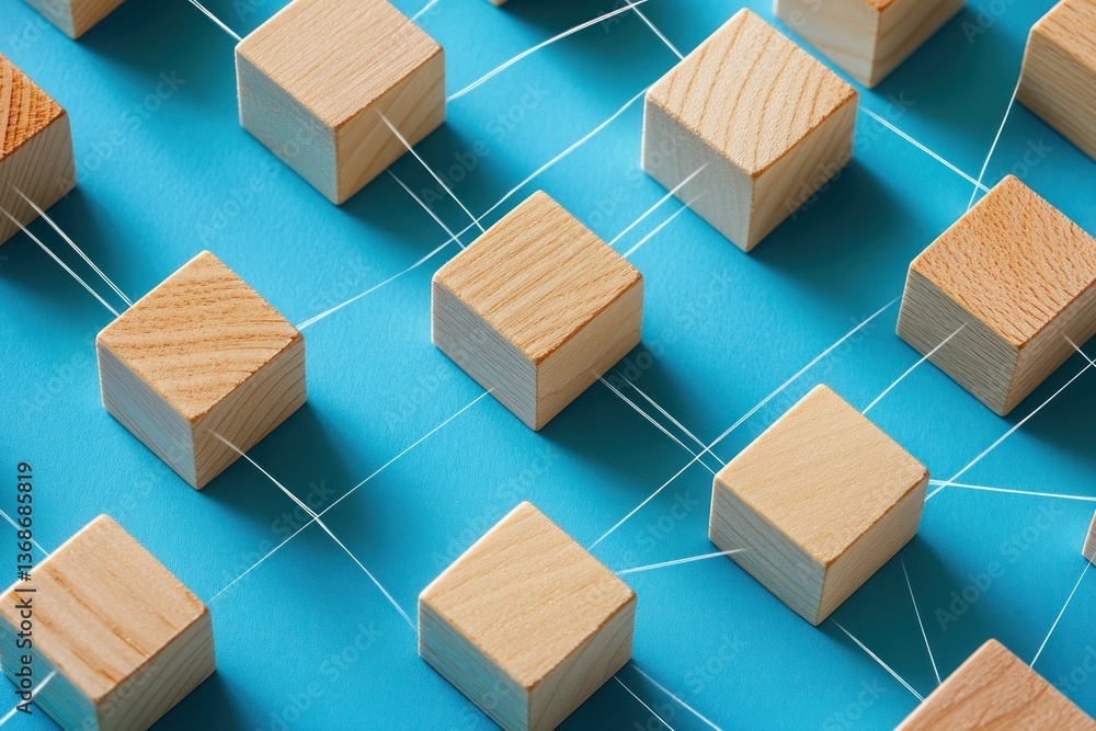 Poster a collection of small wooden blocks arranged in a pattern on a blue surface, with some blocks connec