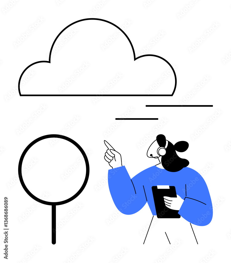 Poster character with clipboard points at cloud and circular graphic, representing cloud data, communicatio