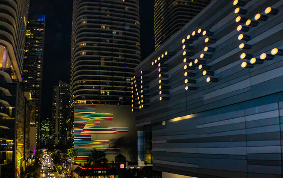 MIami, USA - February 22, 2025: Brickell financial district at night, City center
