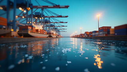 Obraz premium Photo Realistic Double Exposure of Cargo Yard and Cash Management Chart for Logistics Strategies