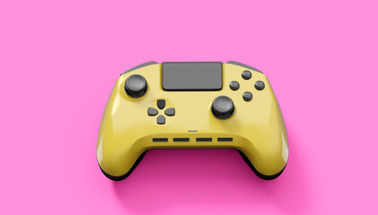 Realistic yellow video game joysticks or gamepads on pink background