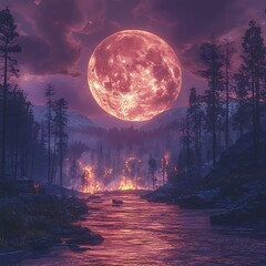 Intense wildfire under twilight moon high resolution photo