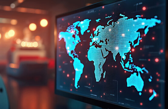 AI monitors global logistics network. World map displayed on screen, data flow in real time. Import-export, supply chain management, tech innovation. Efficiency, automation, security. - Powered by Adobe