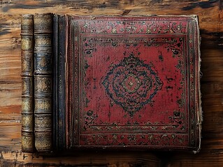 Fototapeta premium An antique leather bound book rests open on a wooden surface