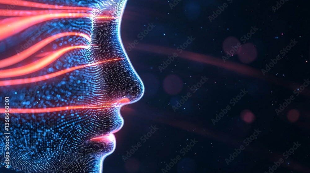 Poster abstract glowing particle face profile in dark space