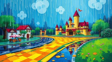 Obraz premium Rainy day scene with castle and village
