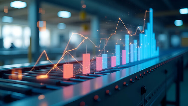Photo realistic as Conveyor system and a demand forecast chart symbolizing demand forecasting in double exposure with copy space. concept as A conveyor system blended with a demand forecast chart repr
