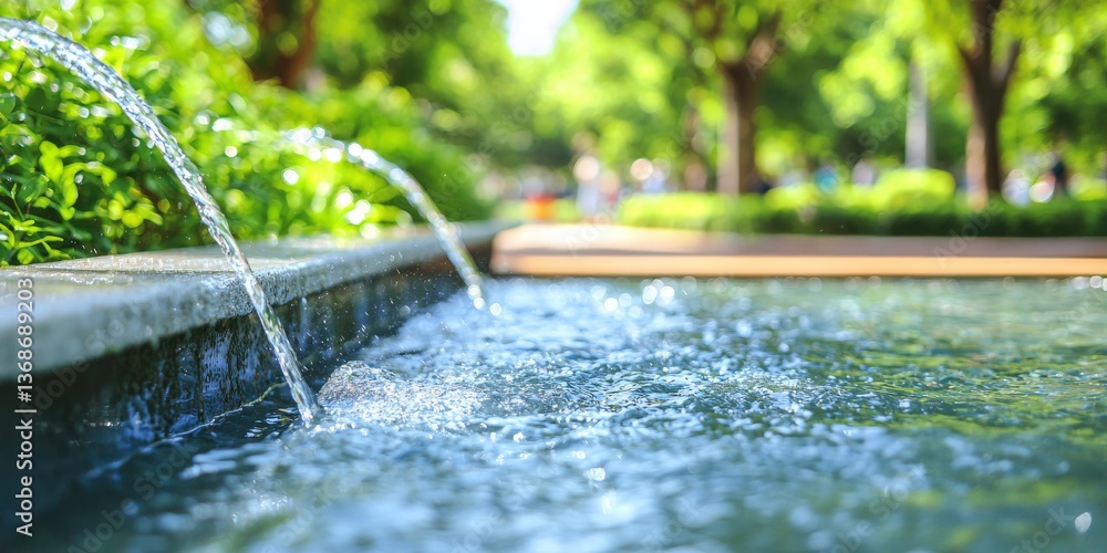 Poster cascading water feature in lush green park setting