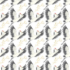Japanese seamless pattern of birds and water. Traditional vintage fabric print. White and blue indigo background. Kimono design. Monochrome vector illustration.
