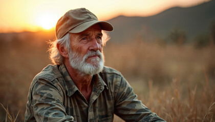 Fototapeta premium Elderly man in camouflage outfit, cap. Man sits thoughtfully sunset background. Portrait of senior with grey beard. Veteran retired person contemplating life. Autumn light gives nostalgic mood,