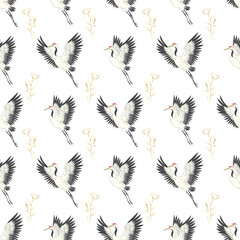 Japanese seamless pattern of birds and water. Traditional vintage fabric print. White and blue indigo background. Kimono design. Monochrome vector illustration.