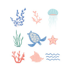 A summer set with marine animals and plants for prints, posters, covers, backgrounds. Hand-drawn sea turtle, jellyfish, algae, corals, seashell, starfish, waves. Vector illustration. Isolated.