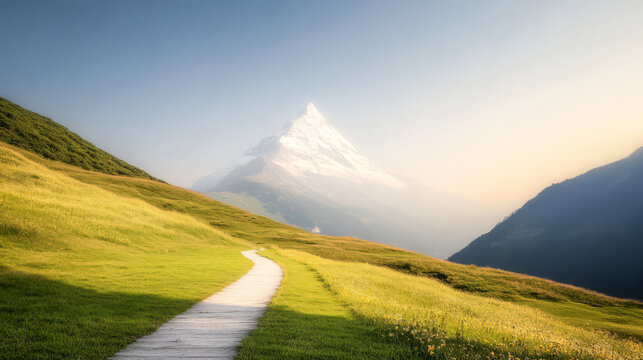 Scenic mountain landscape with pathway and lush green meadows under clear sky