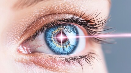 Obraz premium Close up of Blue Eye with Pink Laser Beam, Gray Background