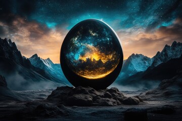 Cosmic egg nestled in mountains