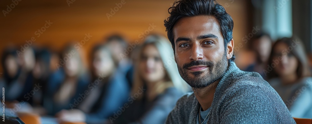 Poster smiling businessman at a professional networking event indoors