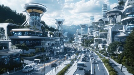 A futuristic smart city with smart buildings, automated traffic systems, and real-time data analytics, showcasing IoT technology's role in urban development.