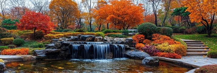 Autumnal garden waterfall serene landscape