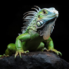 Fototapeta premium A green iguana with white frills sitting on a rock against a black background