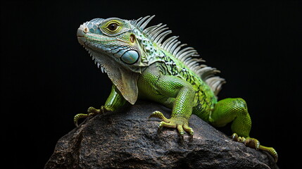 Fototapeta premium A green iguana with white frills sitting on a rock against a black background
