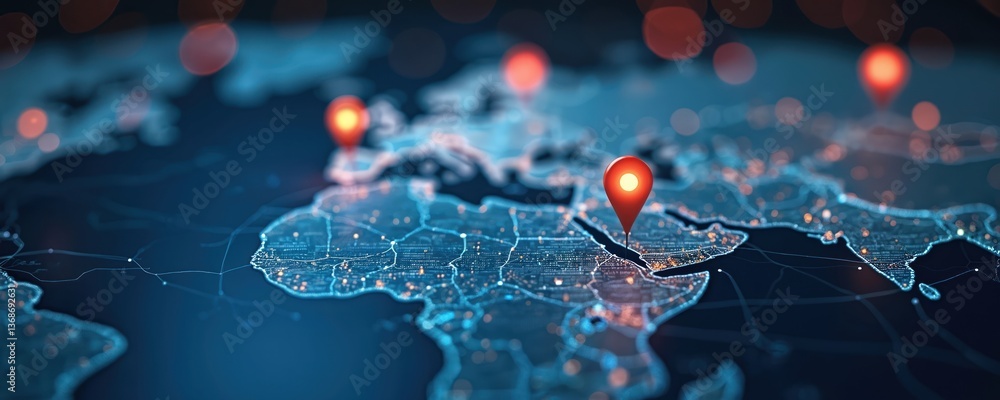 Aufkleber digital world map with glowing location pins. represents gps navigation, tracking tech. glowing red 