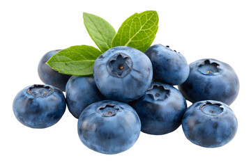 Fototapeta premium Fresh blueberries with green leaves on a light background.