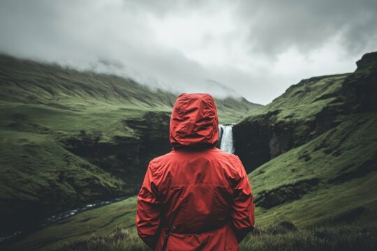 A lone traveler wearing a red jacket standing near the base of capturing the magnificent sight of the waterfall. The natural beauty of Iceland's wilderness surrounds her