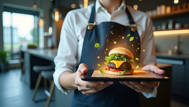 Photo Realistic Double Exposure: Person with Modern Kitchen Tablet and Gourmet Meal - Symbolizing a Tech-Driven Culinary Lifestyle in Contemporary American Living