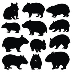 Fototapeta premium set of wombats, collection of silhouettes of black vector