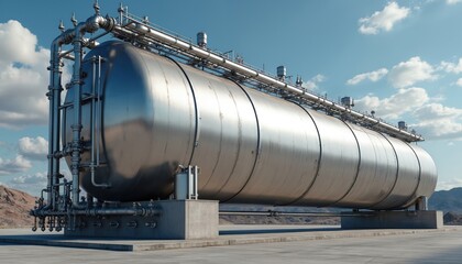 Obraz premium Large pressure vessel for LPG storage. Steel tank, industrial plant for liquid gas, propane, fuels. Refinery station, energy industry infrastructure. Horizontal cylinder tank, storage container, blue