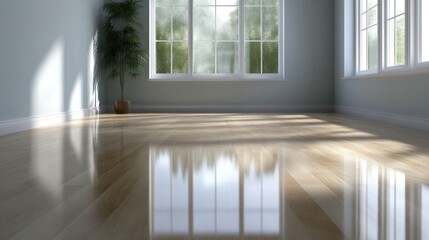 Naklejka premium Empty room with polished wooden floors reflecting natural light