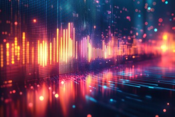 Visual representation of audio soundwave scope showing frequency and amplitude in a high-tech studio.