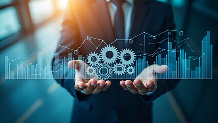 Overhead View of Corporate Strategist with Gears and Digital Charts: Symbolizing Analytical Leadership and Strategic Analysis in Double Exposure with Copy Space